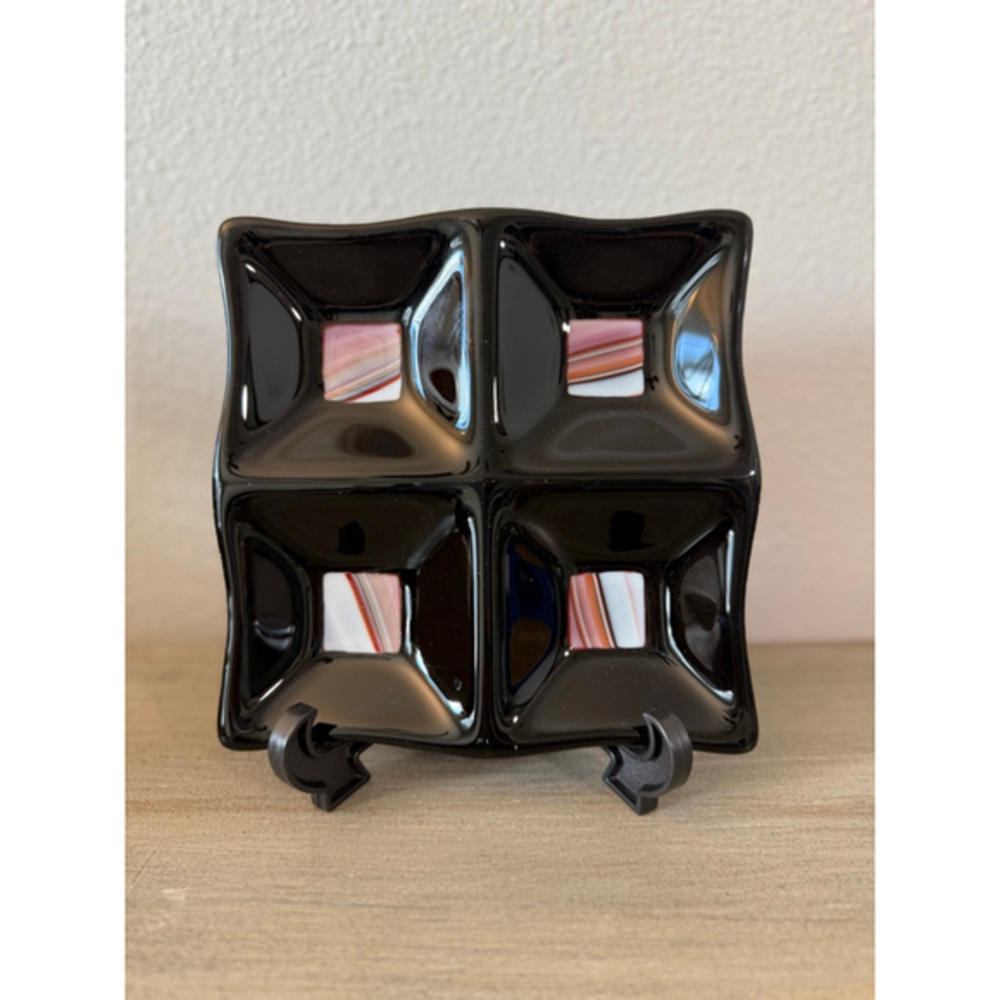 handmade black fused trinket/serving dish with colorful striped inserts